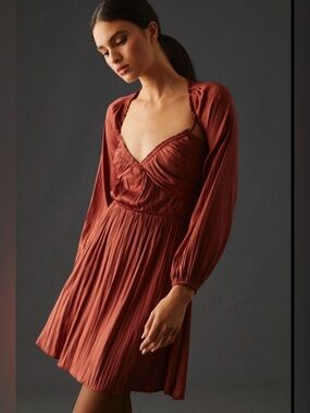 Anthropologie Shirred Cutout pleated mini dress Burnt Orange size Small